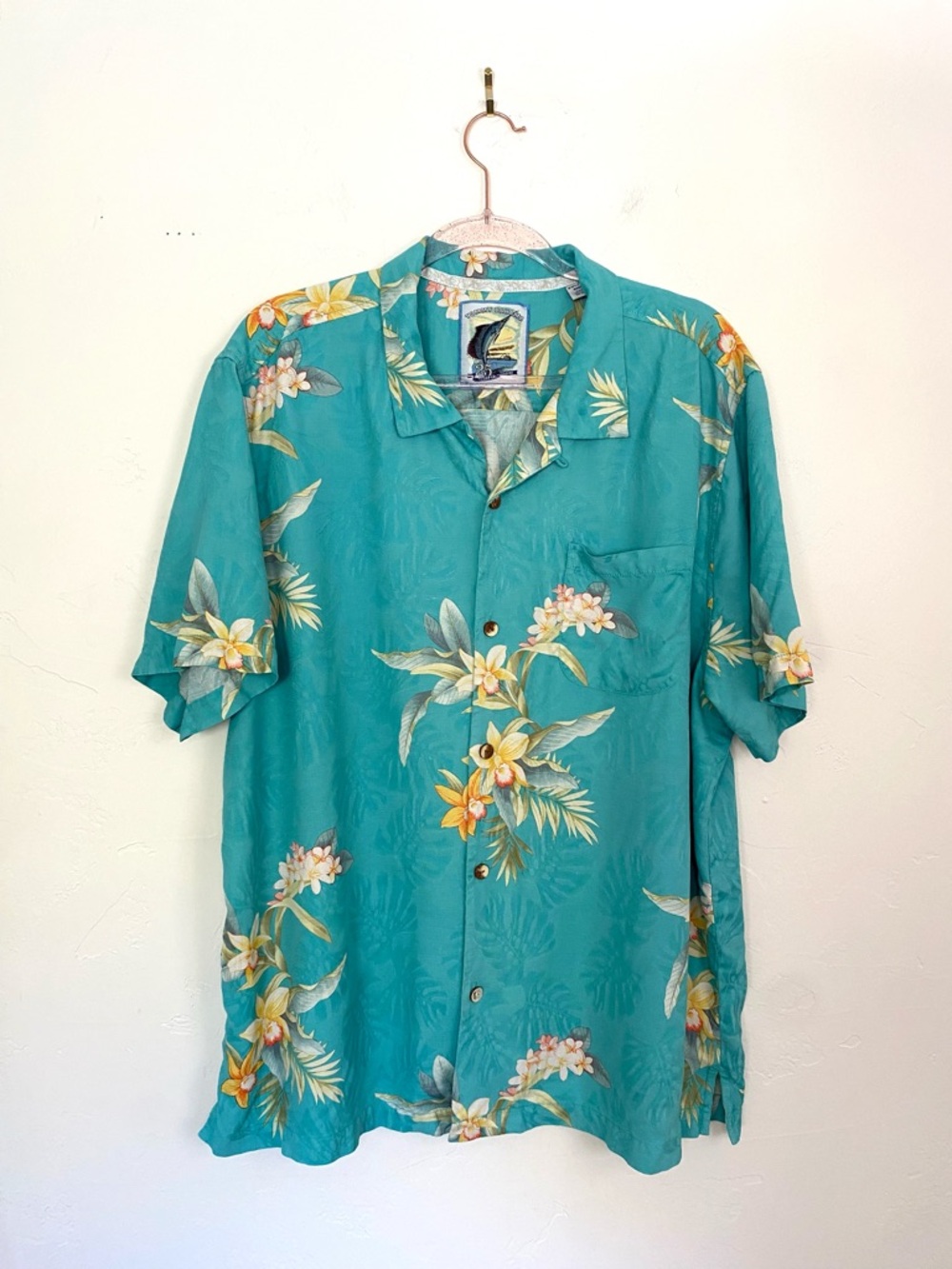 Tommy Bahamas XXL/TTG Teal Silk Hawaiian Shirt 25 Years of Paradise 2018 Tag